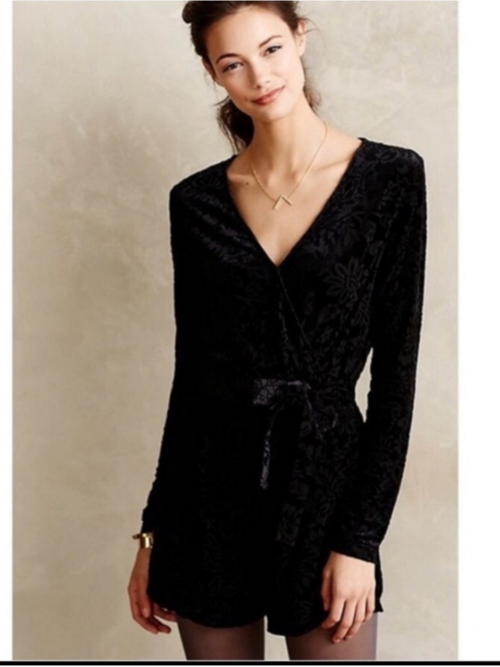 SAYLOR Anthropologie Velvet Burnout Romper Black Floral Deep V, Small